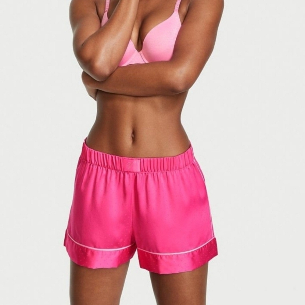 Victoria's Secret Satin Pajama PJ Bottom Boxer Shorts Sleep S Pink Polka Dot